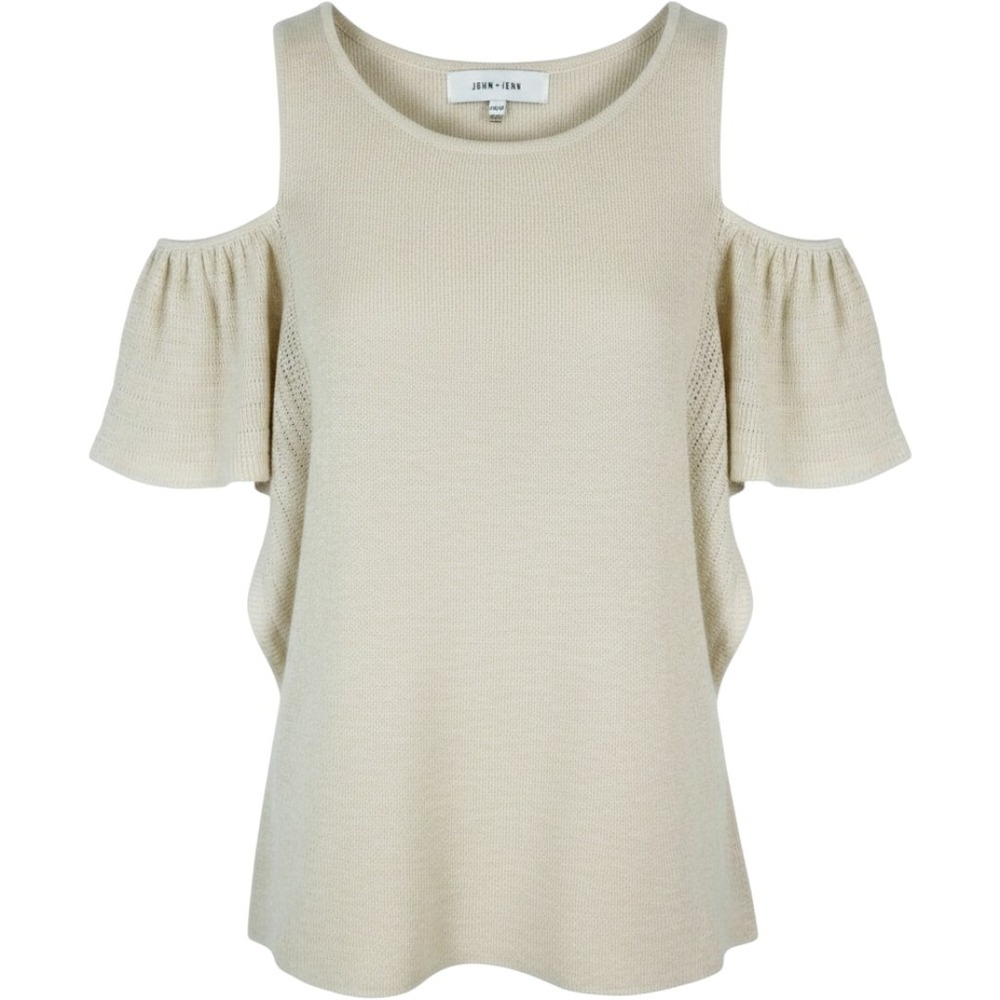 John + Jenn Womens Size XS Top Knit Cold Shoulders Casual Ruffles Beige